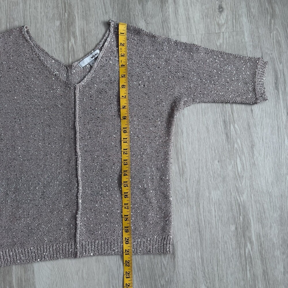 WD NY Sequin Knit V-Neck Sweater Taupe Silver Sparkle Short Sleeve Size Small - Picture 9 of 11